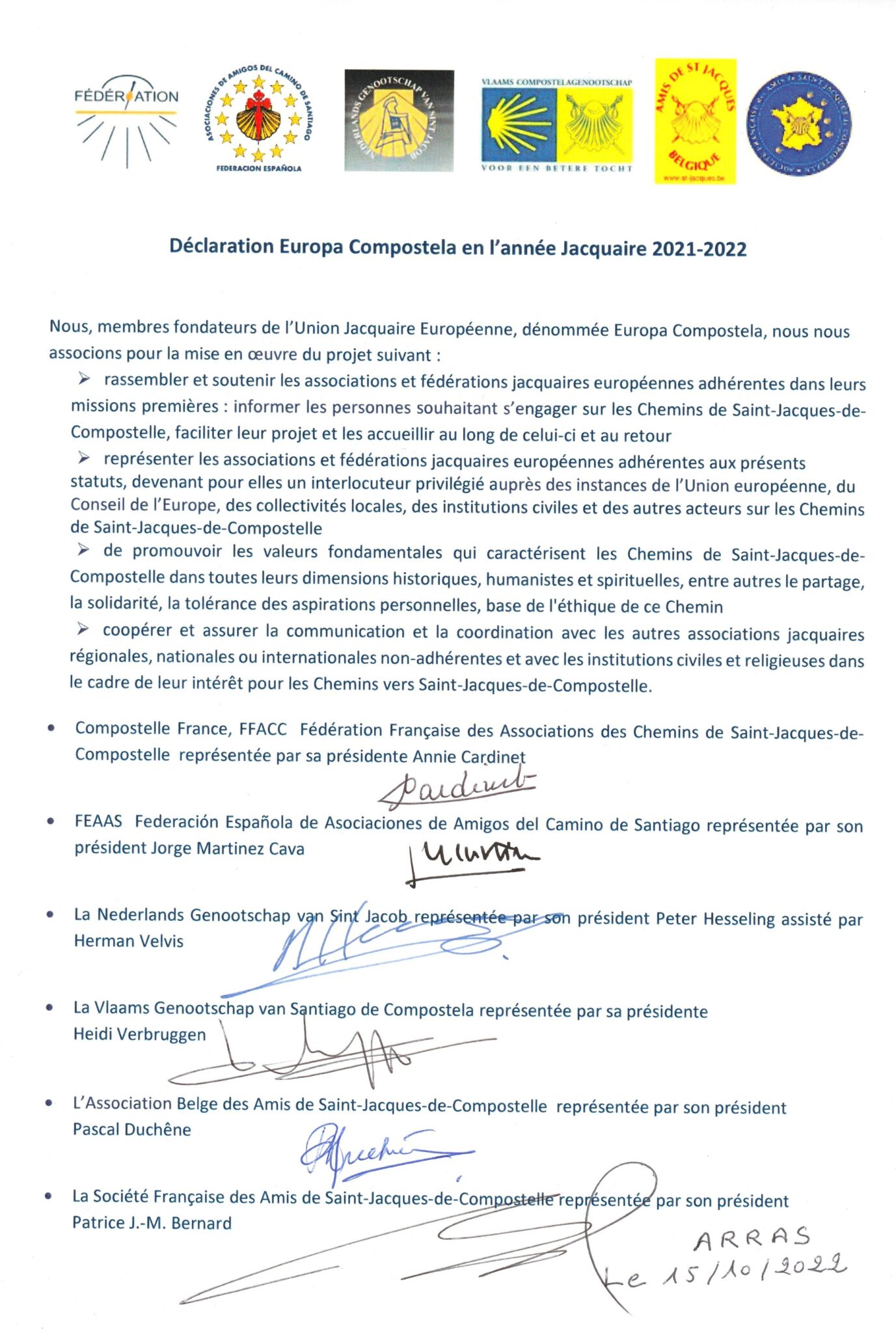 Déclaration d'intention de la fédération des associations de Compostelle